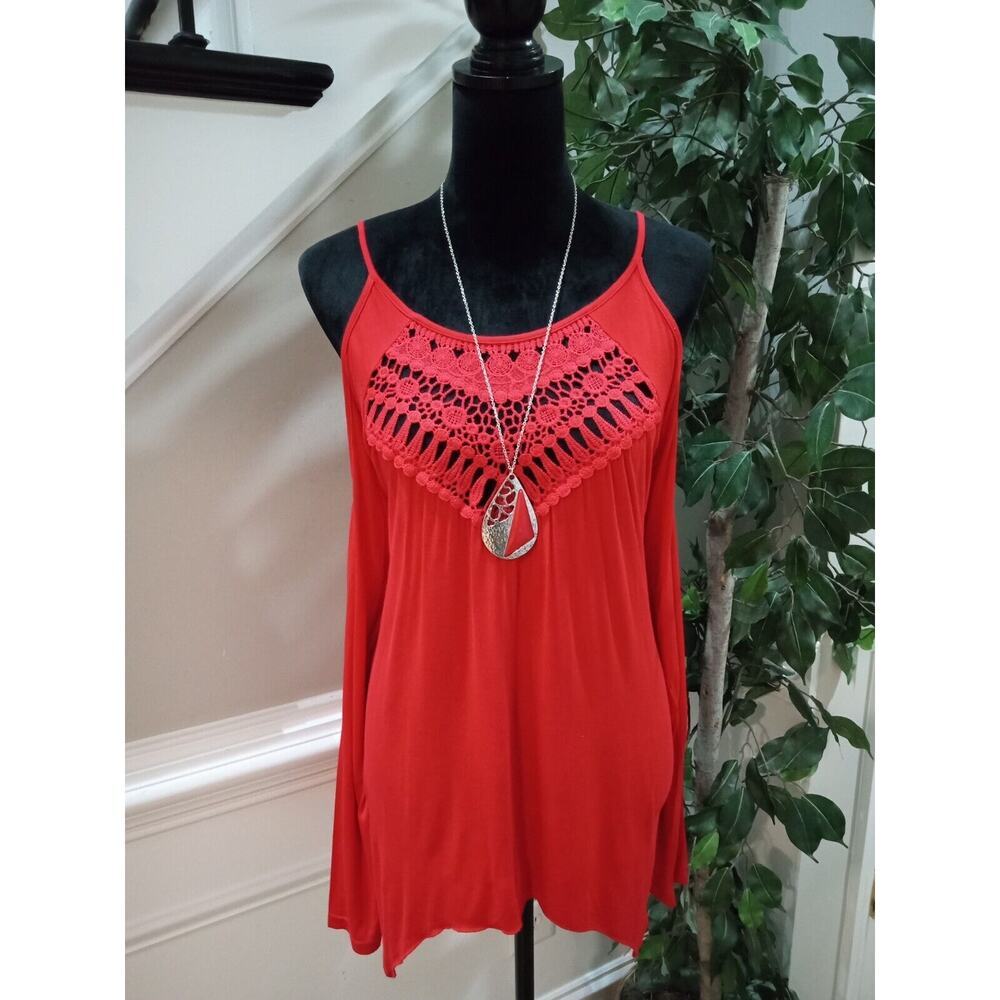 MIHOLL Women's Red Lace Round Neck Cold Shoulder Spaghetti Straps Top Blouse Med